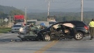 Two people were killed in a head-on collision that left two vehicles crumpled on Highway 105 north of Gatineau, Monday, Aug. 30, 2010.