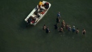 Lifeguards, police and volunteers form a chain to search for a swimmer who was reported missing off Woodbine Beach on Thursday, Aug. 30, 2012.