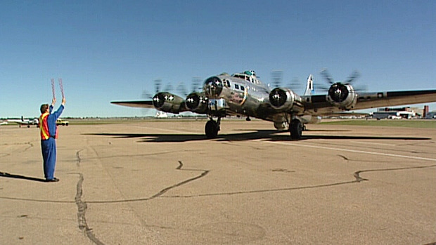 A B-17 World War II-era bomber touches down in Edmonton.