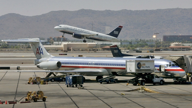 A US Airways jet and an American Airlines Jet at Sky Harbor International Airport in Phoenix in 2008