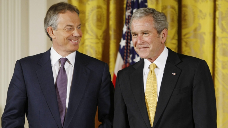 George W. Bush and Tony Blair in the East Room of the White House in Washington on Jan. 13, 2009.