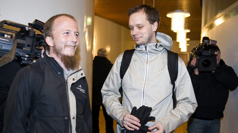 Pirate Bay founders Gottfrid Svartholm Warg, left, and Peter Sunde on Feb. 16, 2009.