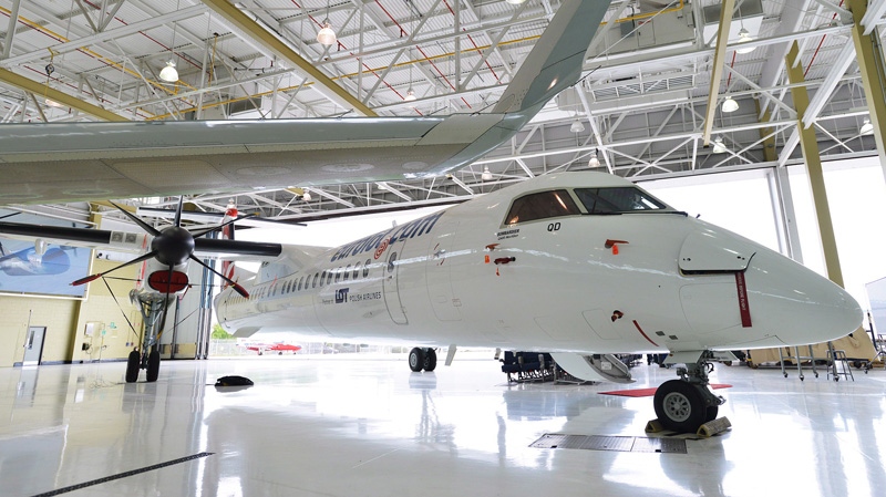 A Bombardier Q400 turboprop at the Bombardier facility in Toronto, Ontario on July 25, 2012.