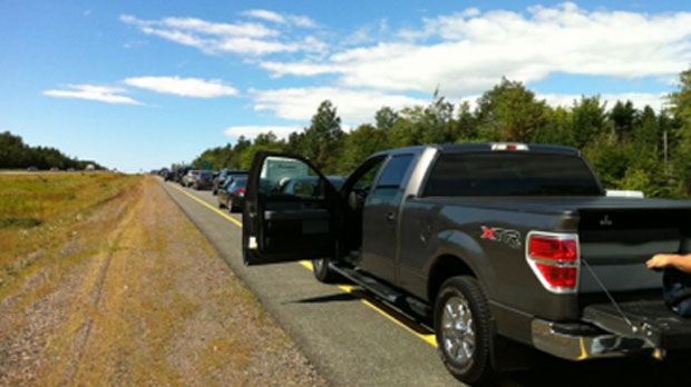 A CTV News viewer sent this photo of a traffic jam following a single-vehicle crash on Nova Scotia's Highway 104 Monday. 