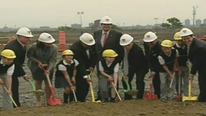 Children helped break ground at the site of the new Montreal Children's Hospital in the Glen Yards.