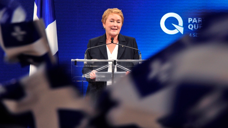 Parti Quebecois Leader Pauline Marois takes the stage in Montreal