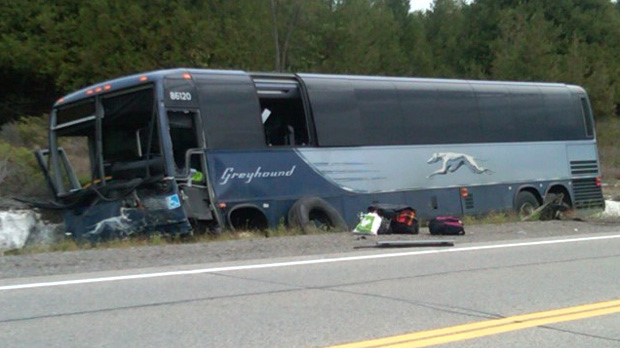 One person is dead after a crash involving this Greyhound bus on Highway 7 just west of Carleton Place Friday, Sept. 7, 2012. (courtesy Karen Rocznik)
