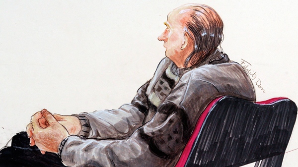 Robert Pickton is shown in an artist's drawing listening to the guilty verdict handed to him by the B.C. Supreme Court in New Westminster, Sunday, December 9, 2007. (THE Felicity Don / CANADIAN PRESS)