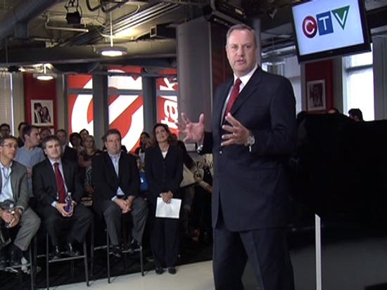 George Cope, president and CEO of Bell Canada Enterprises (BCE), speaks to CTV staff during a townhall meeting in Toronto, Friday, Sept. 10, 2010.