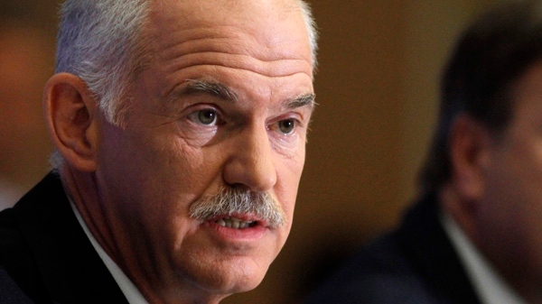 Greek Prime Minister George Papandreou addresses the media during a news conference a day after his keynote speech on the economy in Thessaloniki, Greece on Sunday Sept. 12, 2010. (AP / Dimitri Messinis)