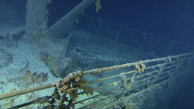 In this image released by Premier Exhibitions, Inc.-Woods Hole Oceanographic Institution, the starboard side of the Titanic  bow is shown. 