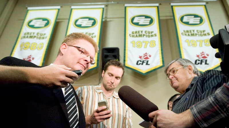 Eric Tillman talks at a press conference in Edmonton, Tuesday, Sept. 14, 2010 after being hired as general manager of the Edmonton Eskimos. (Ian Jackson / THE CANADIAN PRESS)