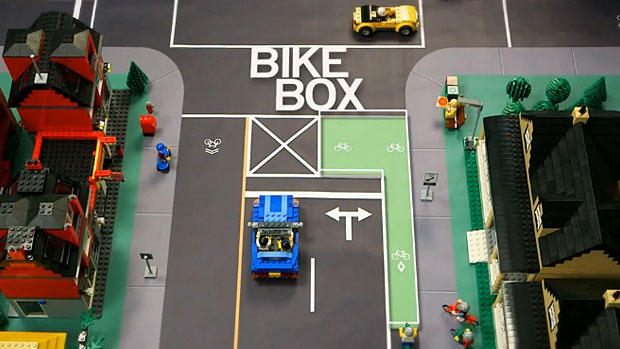 An illustration showing how a bike box intersection works - from a City of Edmonton video.