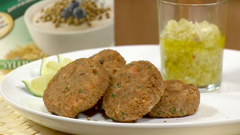All-Bran Buds salmon cakes with cucumber sauce by Jill and Jewels Elmore.