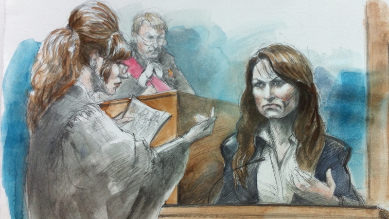 In this courtroom sketch Crown Soula Olver holds up a photo of the accused, Mary Gowans, in jogging attire. (Pam Davies/CTV)
