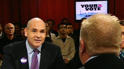 Though Smitherman, left, admitted Ford had 'captured the imagination of the people,' he offered a less drastic approach to spending cuts at city hall than his main political rival during the CP24 debate on Tuesday, Sept. 21, 2010.
