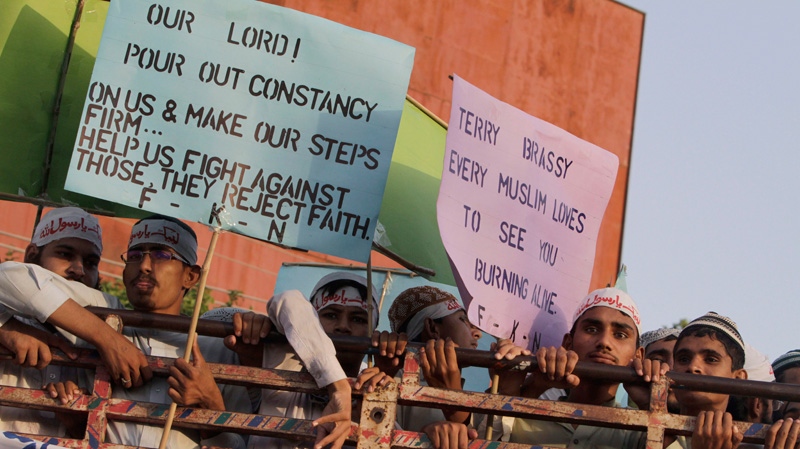 Supporters of a Pakistani religious group demonstrate in Lahore, Pakistan on Sept. 23, 2012.