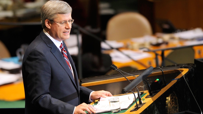 Prime Minister Stephen Harper  of Canada addresses the United Nations General Assembly at United Nations headquarters on Thursday, Sept. 23, 2010. (AP / Henny Ray Abrams