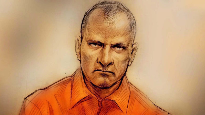 In this courtroom sketch, Col. Russell Williams appears via a video link in Belleville, Ont., Thursday, Feb.18, 2010. (Alex Tavshunsky / THE CANADIAN PRESS)