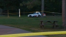 Toronto police remain on scene at High Park Monday morning following the sexual assault, Sunday, Sept. 30, 2012.