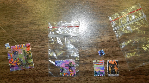 Spruce Grove/Stony Plain RCMP distributed this photo of the L.S.D. (acid) hits that were seized in the course of their drug trafficking investigation. Supplied.
