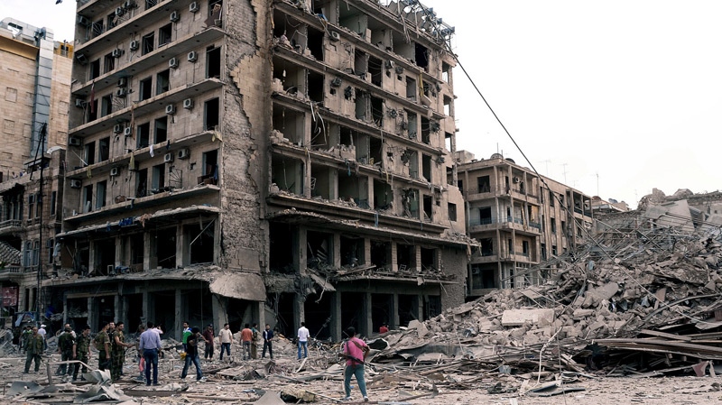 Buildings where three bombs exploded in Saadallah al-Jabri square, Aleppo, Syria on Oct. 3, 2012.