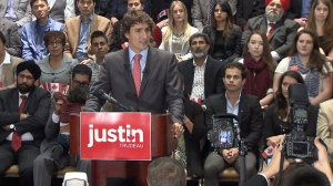 Liberal party candidate Justin Trudeau continues his tour of Western Canada with a stop in Richmond, B.C., where he announced he did not support the Northern Gateway pipeline. Oct. 3, 2012. (CTV)