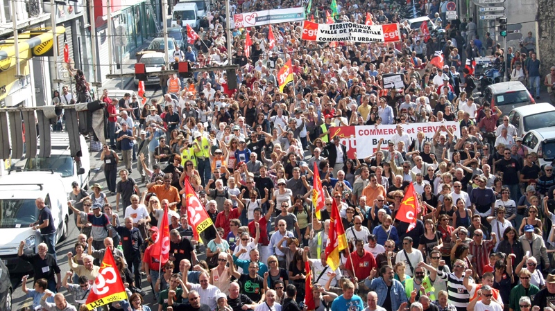 People march during a protest in Marseille, southern France, Saturday, Oct. 2, 2010. (AP / Claude Paris)