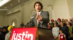 Liberal leadership candidate Justin Trudeau speaks to supporters at a rally in Mississauga on Thursday, Oct. 4, 2012. (Nathan Denette / THE CANADIAN PRESS)