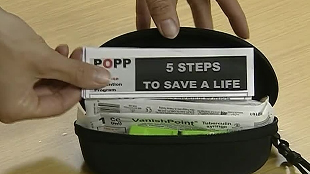 The Peer Overdose Prevention Program (POPP) device contains an EpiPen-like device with a drug that reverses some kinds of overdoses.