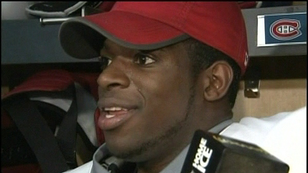 PK Subban talks in the dressing room before his first NHL game in his home town of Toronto (Oct. 7, 2010)