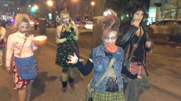 Zombies fill the streets of Winnipeg on Saturday, Oct. 13 for the annual zombie walk in support of Winnipeg Harvest.