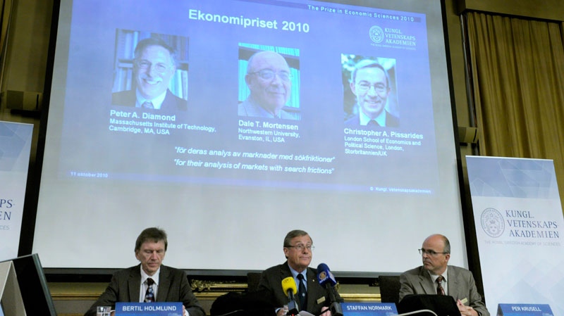 Announcing the Nobel Prize in Economic Sciences 2010 are, from left, Professor Bertil Holmlund, Permanent secretary of the Royal Academy of Sciences Staffan Normark and Professor Per Krusell, Monday Oct. 11 2010, in Stockholm, Sweden, is awarded jointly to Americans Peter Diamond and Dale Mortensen, and British Cypriot Christopher Pissarides. (AP  / Janerik Henriksson / SCANPIX) 