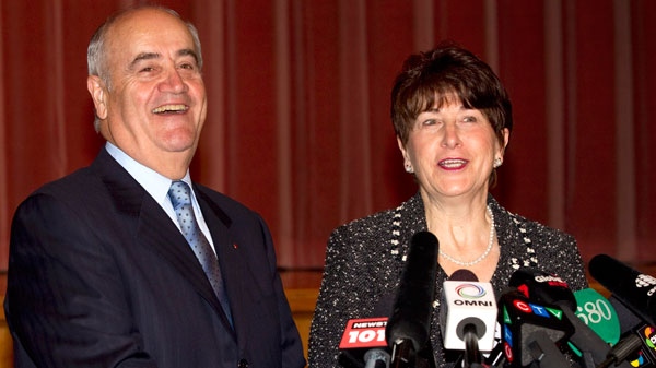 Julian Fantino laughs with his wife Liviana after announcing his intention to run for federal Parliament in a news conference in Woodbridge, Ontario on Tuesday October 12, 2010. (Frank Gunn / THE CANADIAN PRESS)