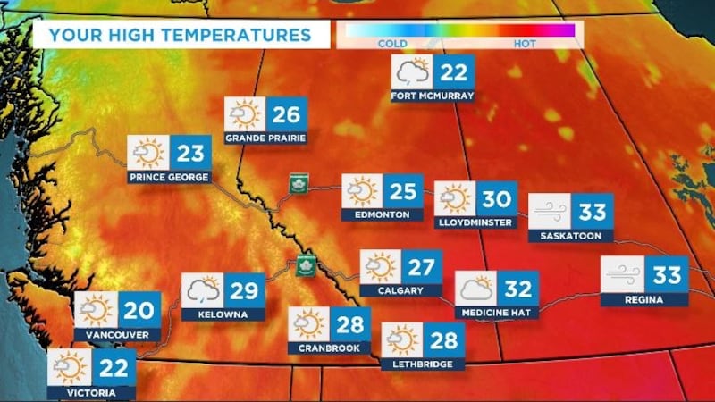 Highs in the 30s for portions of Alberta and more thunderstorms possible