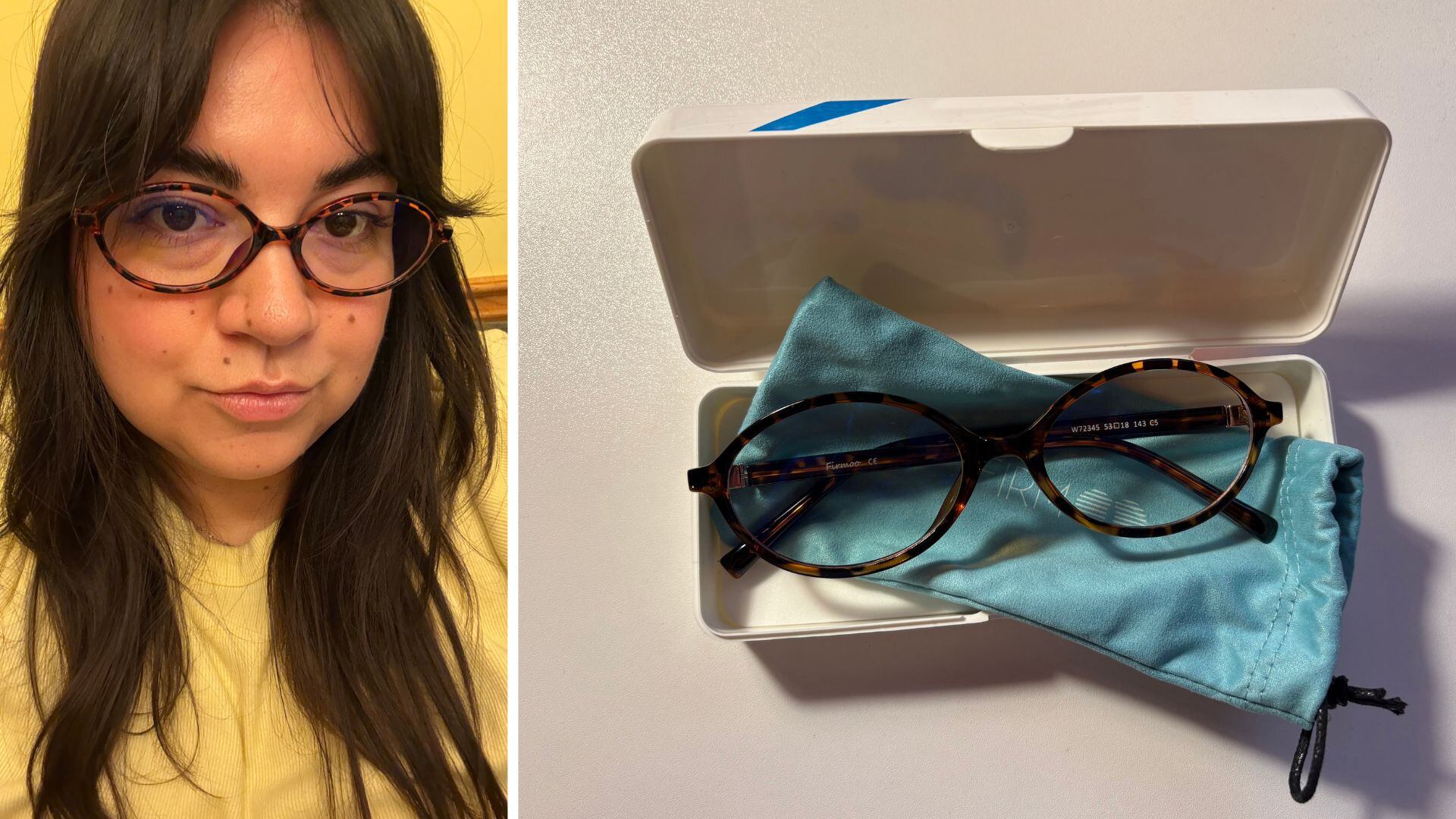 a split image of Bianca wearing the glasses, and the glasses in their case