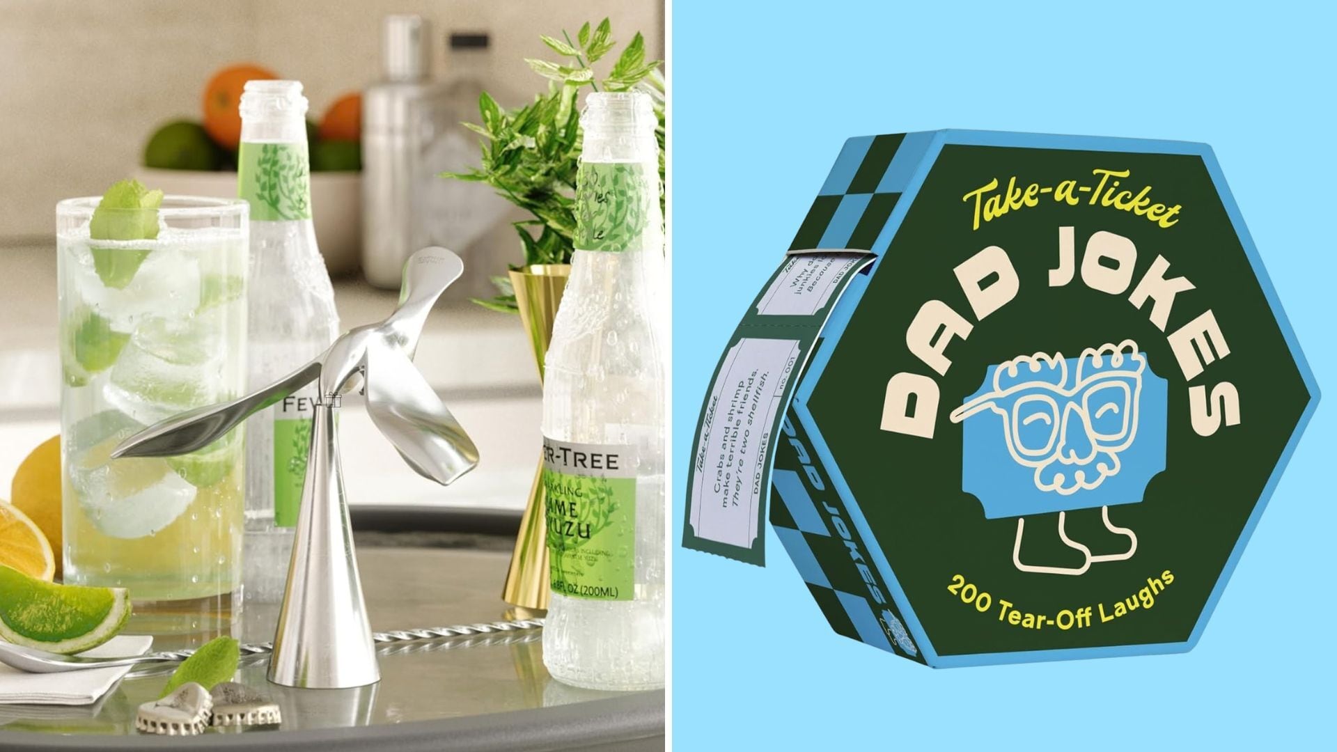 a split image of a bird bottle opener on a bar and a dad joke ticket dispenser
