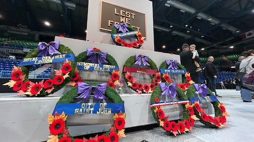 Wreaths are laid at a cenotaph during the Remembrance Day Ceremony at TD Station in Saint John, N.B. on Tuesday, Nov. 11, 2025. (CTV Atlantic/ Avery MacRae)