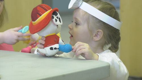 Children and their stuffed animals attend a teddy bear clinic at the Spruce Grove Public Library on March 27, 2026. (Sean McClune/CTV News Edmonton)
