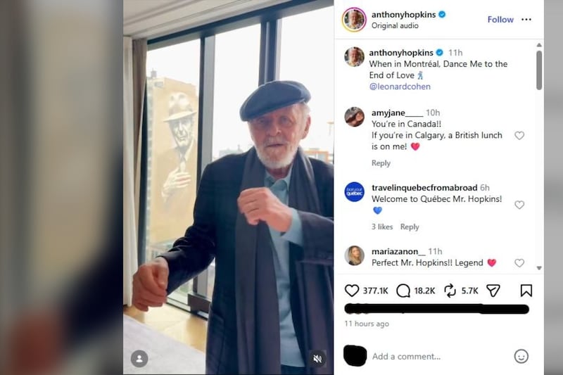 Anthony Hopkins dances to Leonard Cohen in front of his Montreal mural
