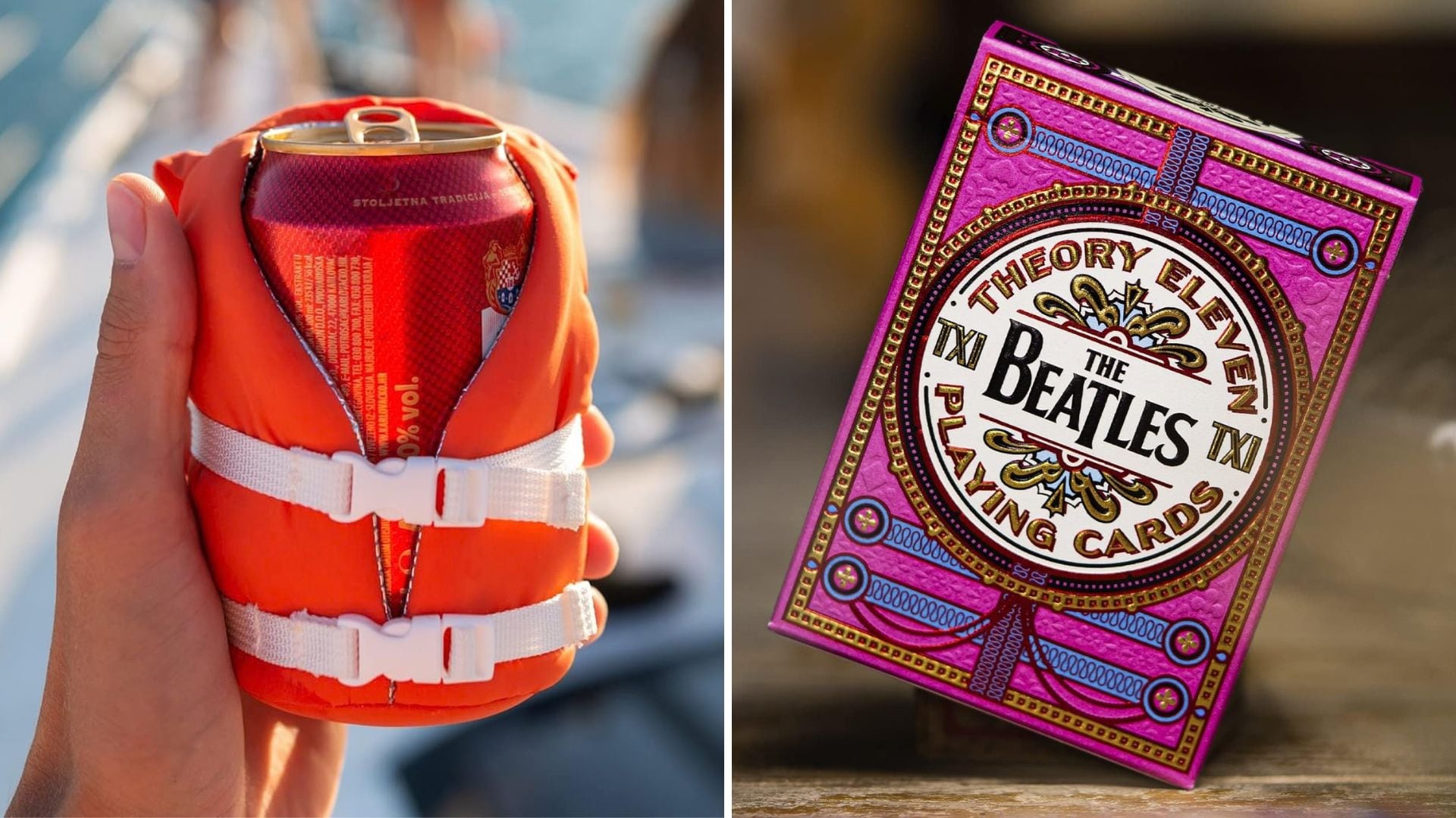 A person holding a beer in a Puffin life jacket and Beatles playing cards.