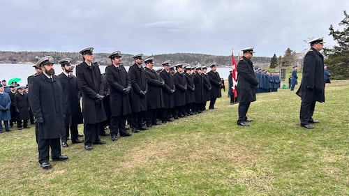 Members of the Navy stand in a line outside.
