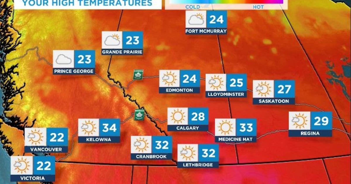 Daytime highs around 30 C with thunderstorms possible later in the day