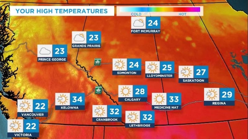 Daytime highs around 30 C with thunderstorms possible later in the day