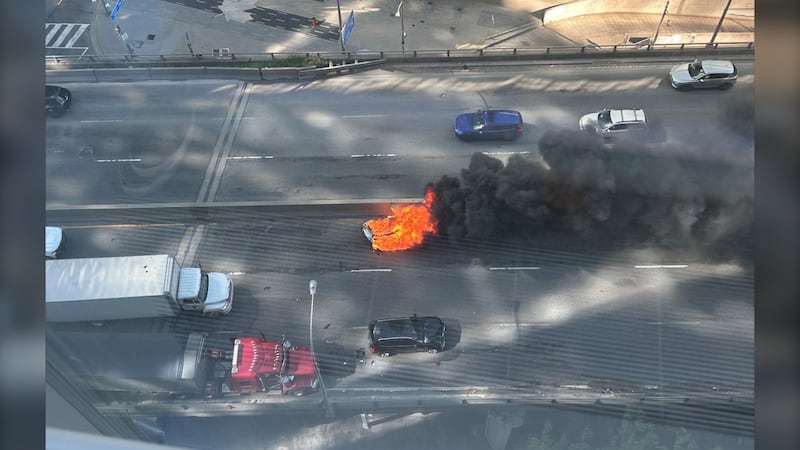 Eastbound Gardiner blocked after vehicle bursts into flames on downtown Toronto highway