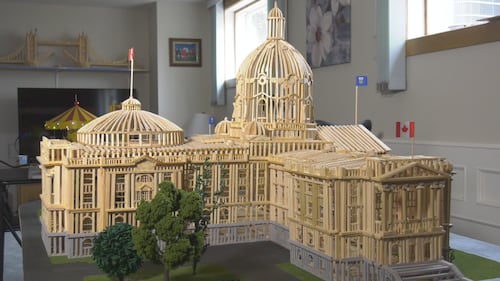 Esmond Warren's miniature model of the Alberta legislature, which he built out of wood slivers over two winters, is seen on April 14, 2026. (Evan Klippenstein / CTV News Edmonton)