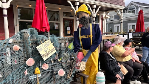 A scarecrow dressed as a fisherman is pictured.