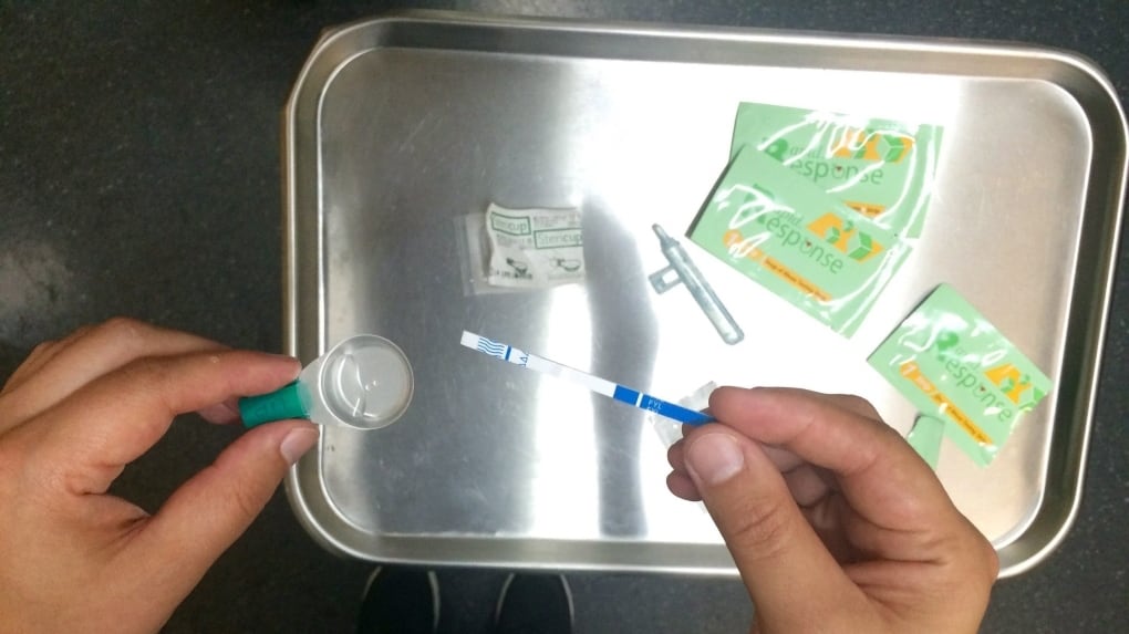 A test strips used to check for presence of illicit fentanyl in such drugs as heroin, crystal meth and cocaine in this undated handout images provided by Vancouver Coastal Health. (THE CANADIAN PRESS/HO-Vancouver Coastal Health)