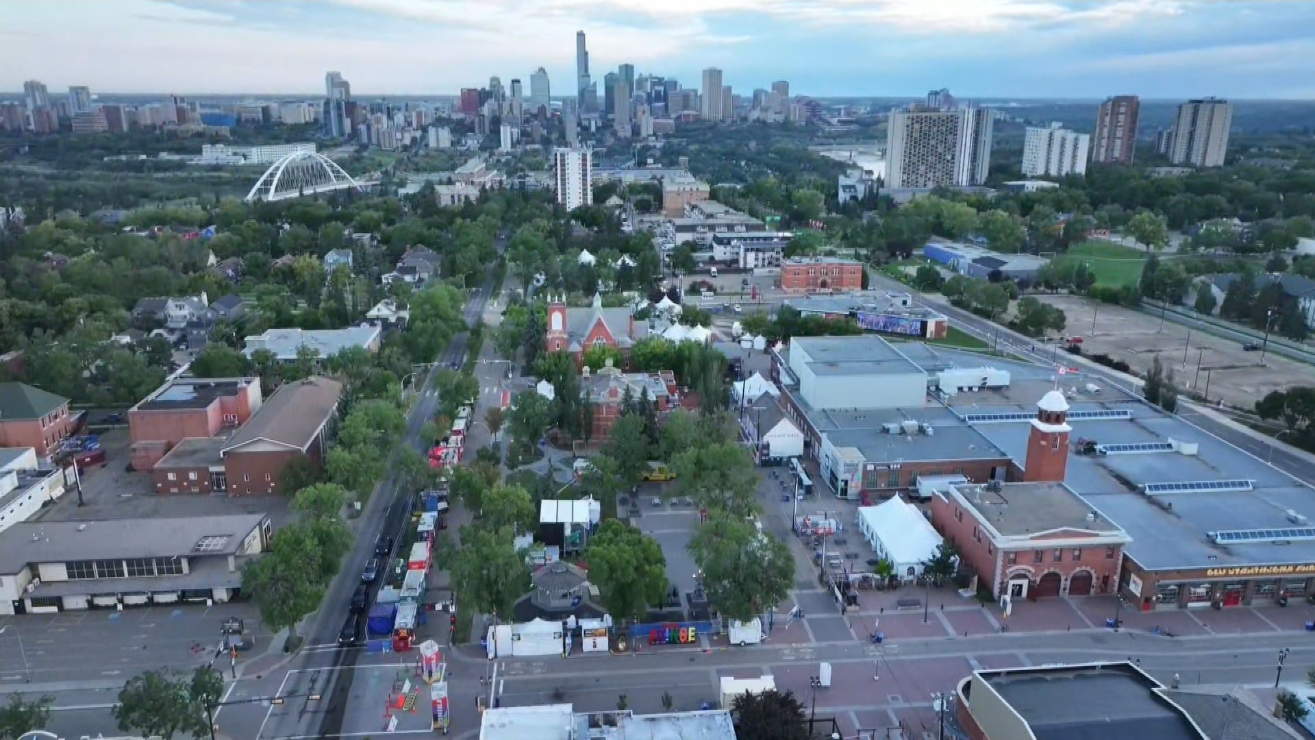 An aerial image of the downtown Edmonton skyline taken on Aug. 20, 2025, over Old Strathcona. (Cam Wiebe / CTV News Edmonton)