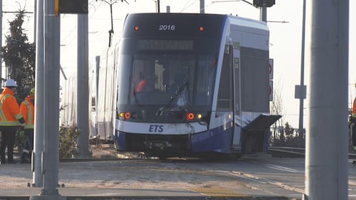 The windshield of an Edmonton LRT train appears damaged after a crash with a semi-truck on Nov. 26, 2025. (Evan Klippenstein/CTV News Edmonton)